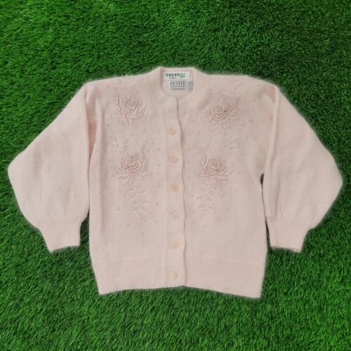 Vintage Fuzzy Rose Embellished Cardigan Sweater Women M-Short 18x22 Angora Pink