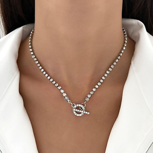 Diamond Tennis Choker Necklace Bling Cubic Zirconia Toggle Clasp Necklace Cz Ten