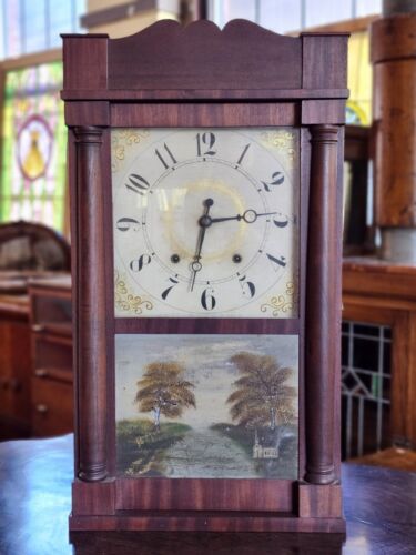 Antique Early 1800s E Terry & Sons Painted Glass Door Weight Movemnt Shelf Clock
