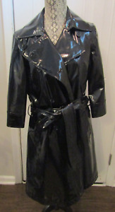 Vintage 90s WD.NY Black 100% Patent Leather Trench Coat Wommens Line with Belt 8
