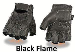 FINGERLESS Black Leather Gloves BLACK FLAMES Gel Palm Motorcycle Biker Rider