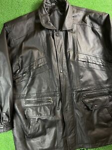 Vintage 90s Tech Wear XXL Black Leather Multi-zipper Baggy Trench Coat Jacket