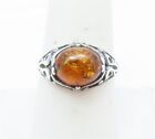 Sterling Silver ~10x8MM Oval Amber Filigree Ring Size 7.75