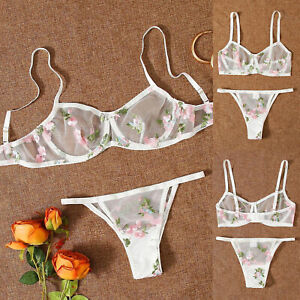 Womens Sexy Perspective Bra Sets Flower Lace Thong Underwear Babydoll Lingerie