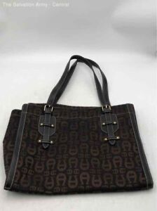Etienne Aigner Womens Brown Black Monogram Adjustable Strap Zipper Tote Bag