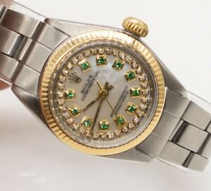 Estate $8000 ROLEX Oyster Ladies Emerald Diamond 18k Yellow Gold SS Watch WTY