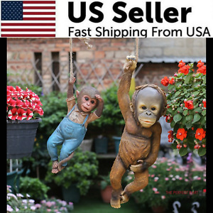New ListingMonkey Chimp Hanging Rope Garden Ornament Outdoor Statue Sculpture Resin Decor