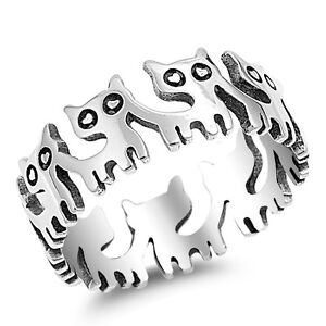 .925 Sterling Silver Cats Fashion Band Ring Size 5 6 7 8 9 10 NEW