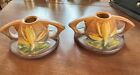 Vintage Roseville Pottery Pair Brown Water Lily Candlestick Holders