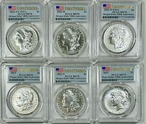 2021 Morgan and Peace Dollar 6 Coin Set PCGS MS 70 First Strike Flag Label