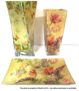 New Listing3-PC GLASS VASES, TRAY Floral, Butterflies w/ Gold Foil RECTANGULAR, TWISTED