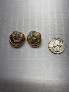 Vintage Round Swirl Clip On Gold Tone Rhinestone Earrings Signed Jomaz