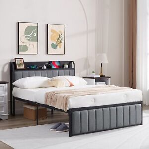 Bed Frame with Storage Headboard Power Outlet Full Queen Size Metal Platform Bed