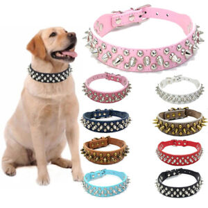 Spiked Studded Leather Dog Collar Rivets Pet Small Large Cat Pit Bull Adjustable