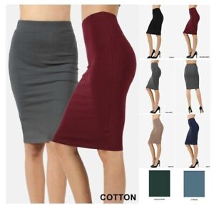 High Waisted Womens Pencil Office Skirt Cotton Stretch Knee Length REG PLUS S-3X
