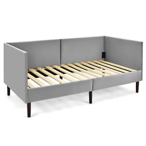 Twin Daybed Frame with Rails  Upholstered Sofa Bed with Wooden Slat Support Grey