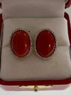 15mm x 10mm Oxblood Coral Oval Shaped w/ accent diamond earring in 14k