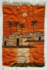 Hand Woven Wool Tapestry Africa Village Egypt Palm Trees Sun Orange Egyptian