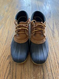 LL Bean Womens Boots Rubber Moc Shoes Low Top Brown Leather Blue Rubber Size 8