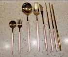 Personal Fancy Pink & Gold Silverware Set Of 8 W/ Chopsticks And Reusable Straw