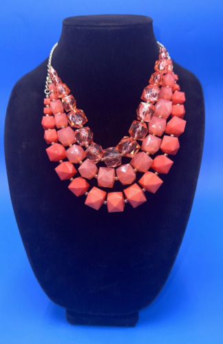 Dramatic Gold Toned Chunky Pink Triple Strand Bib Necklace 22” W Extender Estate
