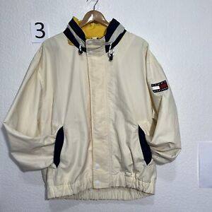 Vtg 90s Tommy Hilfiger Windbreaker Men XL Jacket spell out full zip Khaki Hooded