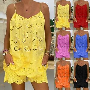 Women Two Piece Outfit V Neck Shorts Set Lace Up Sleeveless Tank Tops Lounge Set