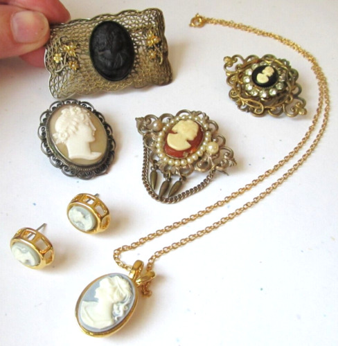 LOT Antique & Vintage Estate CAMEO JEWELRY Brooches Necklace Earrings