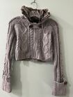 CHARLOTTE RUSSE FAUX FUR COLLAR CABLE KNIT HIPPIE COZY CROP CARDIGAN SWEATER S/M
