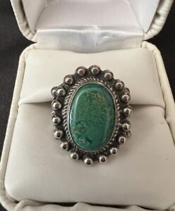 OLD PAWN STERLING SILVER GREEN TURQUOISE ROPE BORDER RAIN DROPS RING