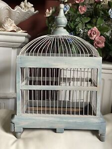Vintage VICTORIAN DOME TOP WOOD BIRD CAGE FRENCH WIRE HAND PAINTED DISTRESSED