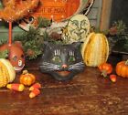 Prim Vtg Style Bethany Lowe Halloween Paper Mache Happy Black Cat Mini Bucket
