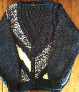 Peter England cardigan Sweater Men's XL Handmade Blue Button Up Geometric