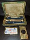 Antique Gillette Gold Tone Shaving Kit 1930s w/ Blue Blade + Lather Ad Tabs