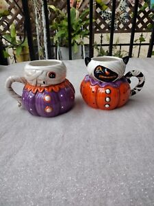 Johanna Parker Designs Ceramic Halloween Mugs Vintage Mummy Cat and Ghost Set
