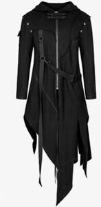 Men's Hooded Mid Length Trench Coat Punk Style Outwear Zippered Jacket
