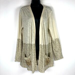 Logo Lori Goldstein L Embroidered Cardigan A274085 cream gold cotton knit open