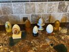 7 Vintage Polished Onyx, Marble, Mother of Pearl, Alabaster, Wood eggs & stands