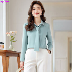 Autumn Spring Korean Women Chiffon Tie Workwear Business Plus Tops Blouse Shirts