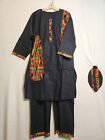 Men African Long Dashiki Pant Suit With Kente Print Patches Black Free Size