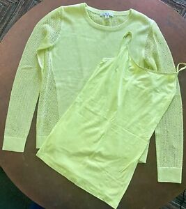 Women's CAbi Style # 199 Lime Green Sweater Split Back Pullover w/Cami Size XS