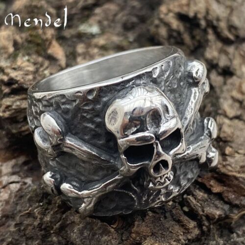 MENDEL Gothic Mens Skull And Bones Biker Ring For Men Stainless Steel Size 7-15