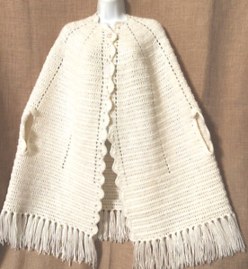 Vintage Crochet Cape White Poncho 3 Button Front Arm Holes Fringe Boho Hippie