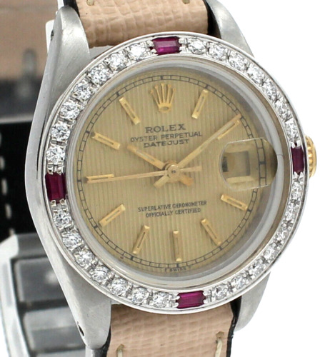 Ladies Vintage ROLEX Oyster Perpetual Datejust 26mm Gold Dial Diamond Watch