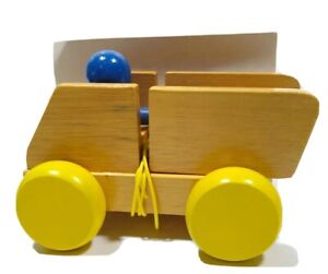 Vintage Rare Wood Hefties Wooden Pull Toy Car NOS NIB Dump Truck Yellow Wheels