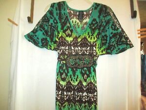 Green Dashiki Full Length Hippie Dress 1X Split Bell Sleeves Polyester Knit