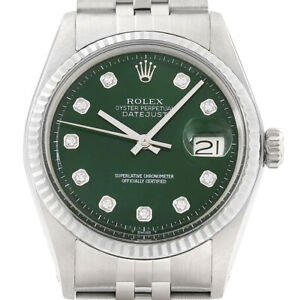 Rolex Mens Datejust 18K White Gold & Steel Green Diamond Dial Jubilee Watch