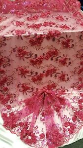 Fuchsia Lace 3D floral flowers Sequin Mesh Fabric By The Yard Fashion Embroidery