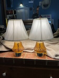 New ListingVtg Pair 2 Mid Century Modern Amber Glass Table Lamp Retro Hollywood Regency 14”
