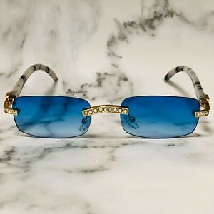 Diamond Bling Rimless Eye Wear Glasses Designer Men Women Blue Oceanic Lens NEW